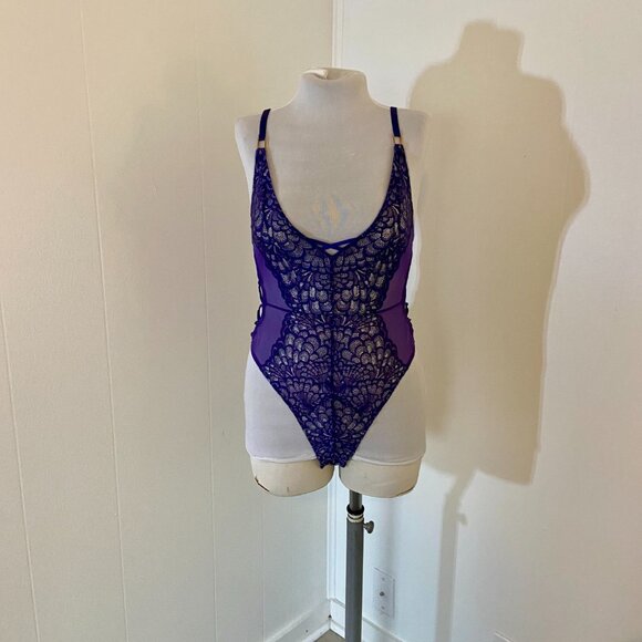 Savage x Fenty Metallic Lace Teddy Bodysuit Grape Purple Small Sheer Criss Cross - Picture 7 of 16